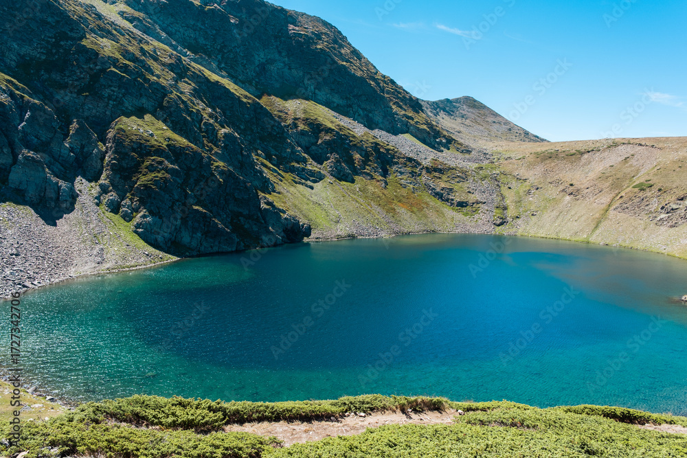 Fototapeta premium Mountain view of the Rila Mountains in Bulgaria. Seven Rila Lake hike. Eco trails. Connection with nature. 