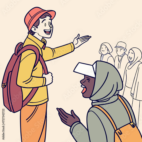 Smiling Man and Woman Engaging in Lively Conversation, City Street Illustration