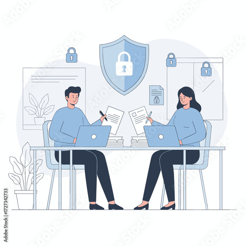 Concept for an encrypted report illustration: a flat illustration set against a white background