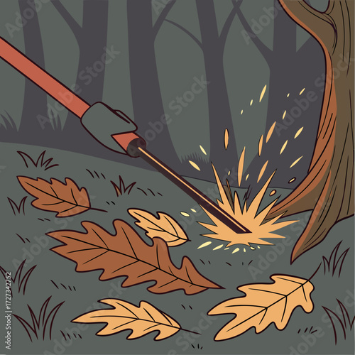 Sparks Fly as Metal Tool Cuts Tree in Autumnal Forest
