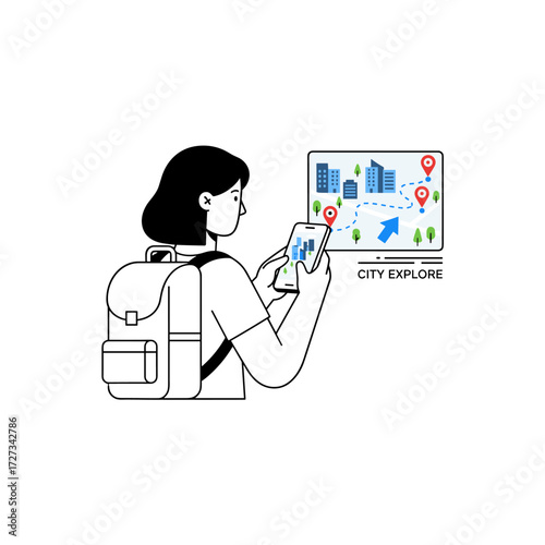 Using your smartphone for navigation, a tourist is guided through unfamiliar territory with the help of a phone, depicted as a vector outline