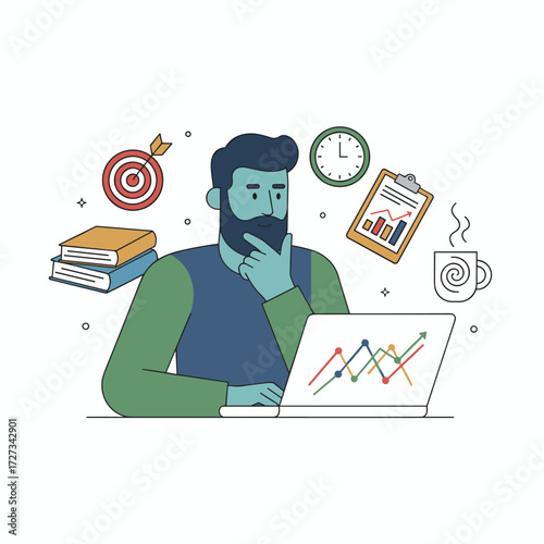 Illustration of a man perplexed by s, presented as a flat design on a white background