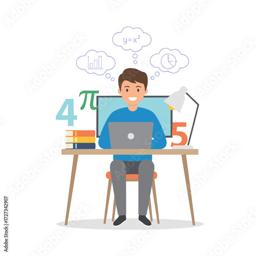 Illustration of a boy learning math in an online class on a white background