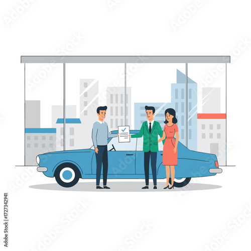 A car dealer explains the sales contract to a couple purchasing a vehicle