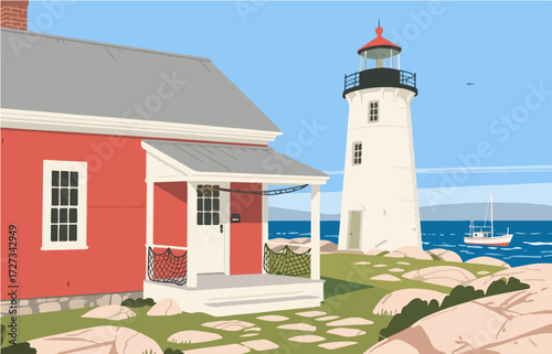 American style rural residential architecture and scenery, vector graphics
