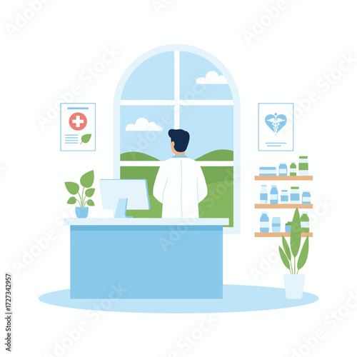 A skilled physician collaborating with colleagues—doctors, nurses, and surgeons—in a hospital office or clinic setting, suitable for web banners, infographics, and hero images, rendered in a modern