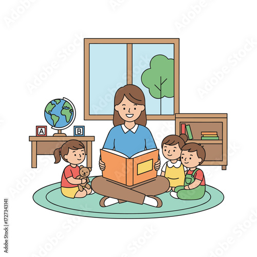 Vector illustration concept of a playschool teacher showing kids how to make a paper boat, presented as a flat illustration on a white background