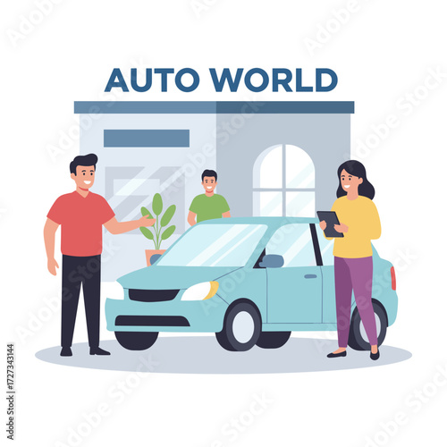 A salesperson demonstrates the car to a prospective buyer inside the dealership