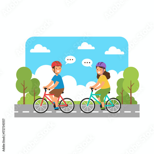 A vector illustration concept of people cycling in a park, presented as a flat illustration set against a white background