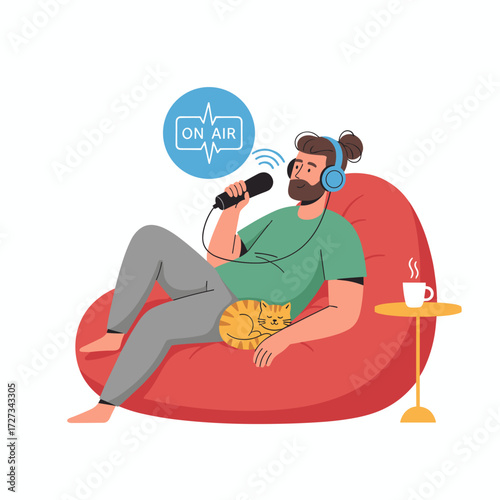 Illustration concept of a boy listening to a trending podcast, presented as a flat illustration on a white background