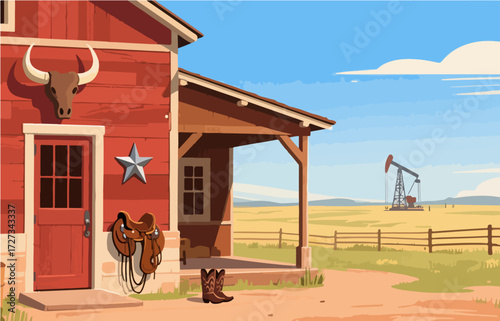 American style rural residential architecture and scenery, vector graphics