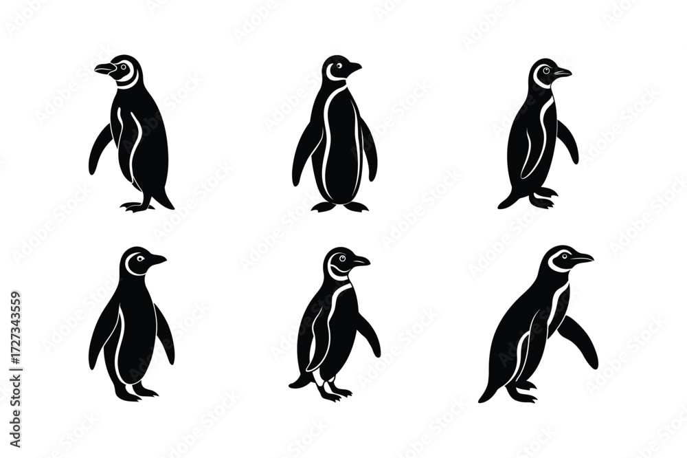 Naklejka premium Set of different linocut styles of magellanic penguin