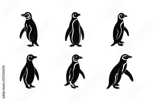 Set of different linocut styles of magellanic penguin