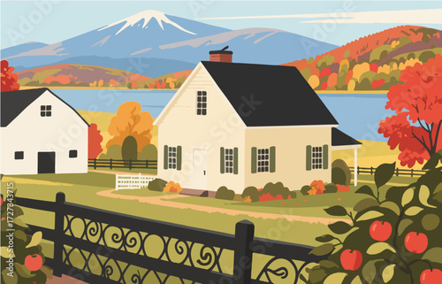 American style rural residential architecture and scenery, vector graphics