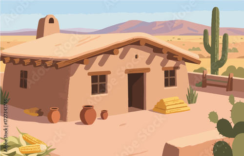 American style rural residential architecture and scenery, vector graphics