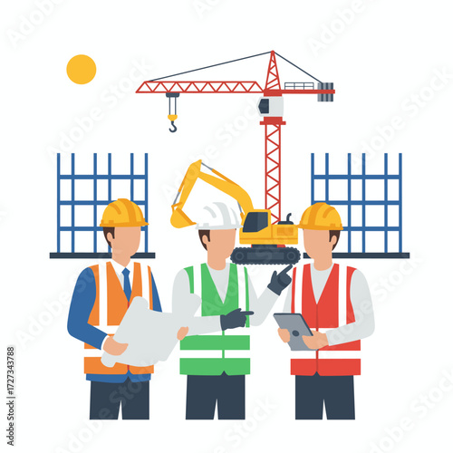 A real estate developer reviewing the building illustration concept, with the flat illustration isolated on a white background