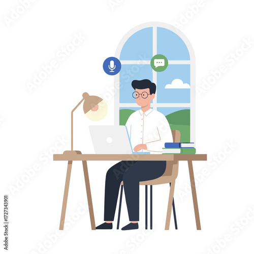 Illustration concept of a man listening to a podcast while working, presented as a flat illustration on a white background