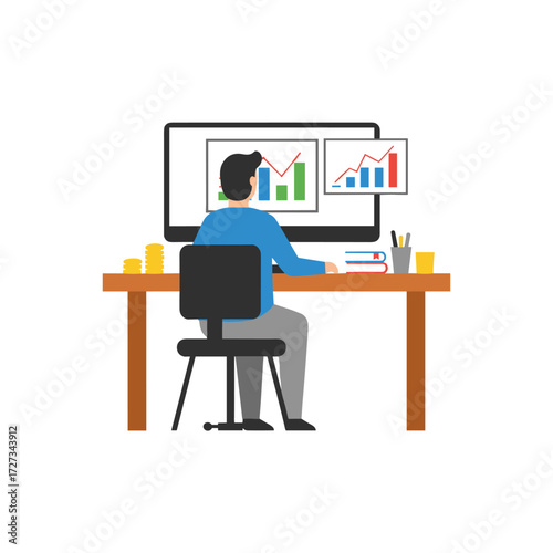 Flat illustration concept of a trading platform for web banners, infographics, and hero images, showing business professionals analyzing a monitor displaying a report graph and investment plan