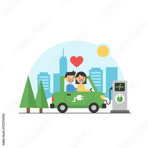 Illustration concept of a couple riding an electric car against a white background