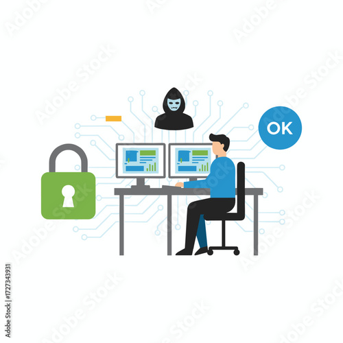 A cyber security analyst concept featuring a character, suitable for web banners, infographics, and hero images, presented as a flat vector illustration on a white background