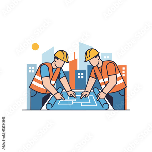 Illustration concept of a construction site blueprint, engineered analysis, shown as a flat illustration isolated on a white background
