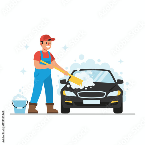 Illustration of a mechanic washing a car with high‑pressure water