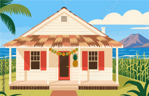 American style rural residential architecture and scenery, vector graphics