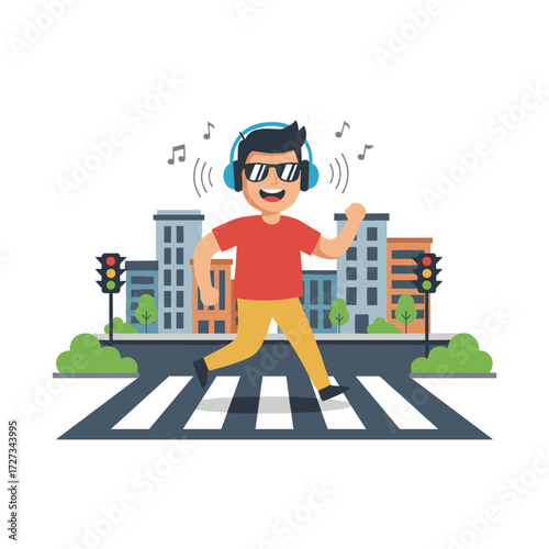 Illustration concept of a man walking while listening to music; a flat illustration set against a white background