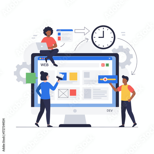 A front-end engineer concept featuring a character, suitable for web banners, infographics, and hero images, presented as a flat vector illustration on a white background