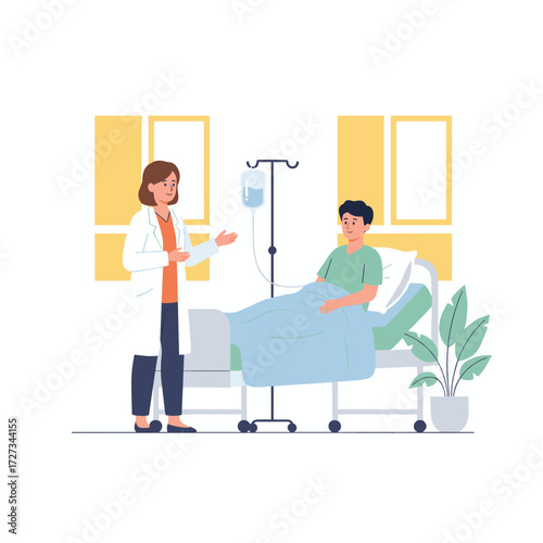 Illustration concept: a flat depiction on a white background of a doctor asking about the health of an admitted patient