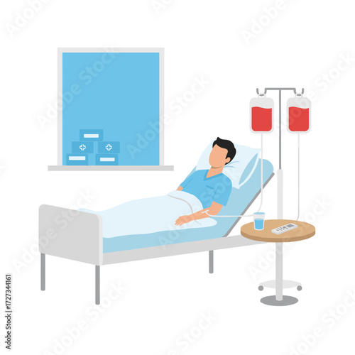 The patient is hospitalized, lying in a medical bed with a drip