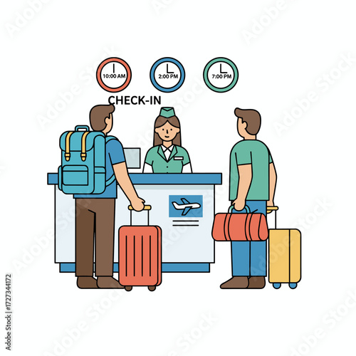 A young couple with suitcases stands at the reception desk to check into a hotel
