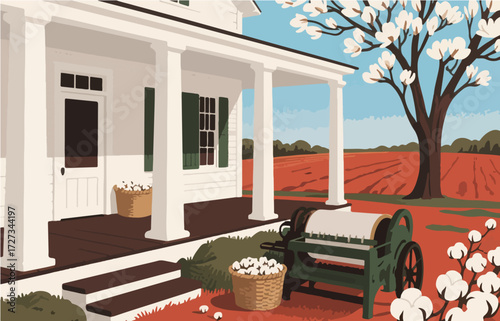 American style rural residential architecture and scenery, vector graphics