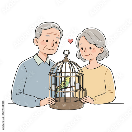 An elderly couple, a man and a woman, lovingly gaze at a small green bird inside a vintage birdcage.