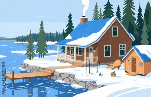 American style rural residential architecture and scenery, vector graphics