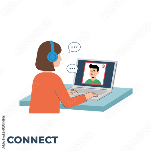 An online job interview where HR management conducts a video call with a candidate via webcam, illustrated as a vector concept