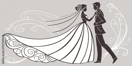 Silhouette of a bride and groom on their wedding day isolated