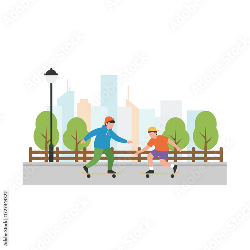 A skateboarding-themed character illustration, suitable for web banners, mobile apps, and hero images, presented as a flat vector on a white background
