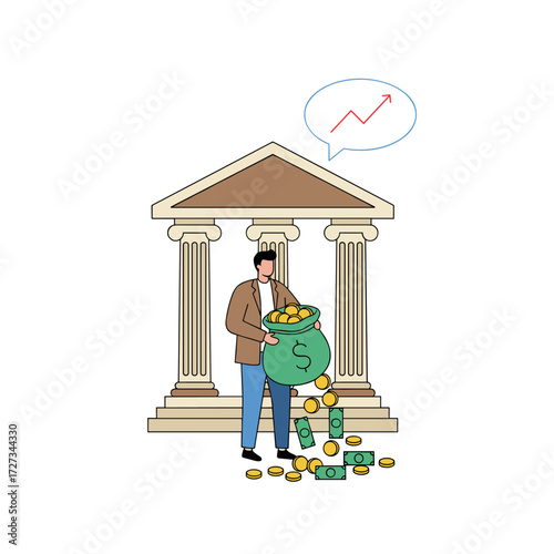 The bank provides a loan to a businessman for a business development illustration concept, featuring a flat illustration set against a white background