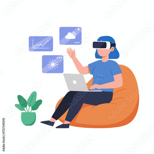 Illustration of a girl studying with VR technology, presented as a flat image on a white background