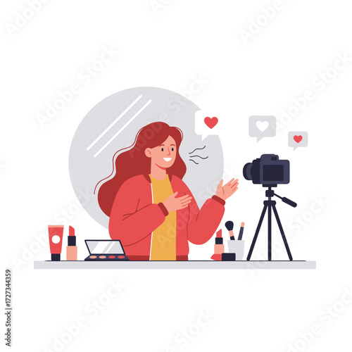 A beauty blogger filming a makeup tutorial video for her vlog, illustrated against a white backdrop