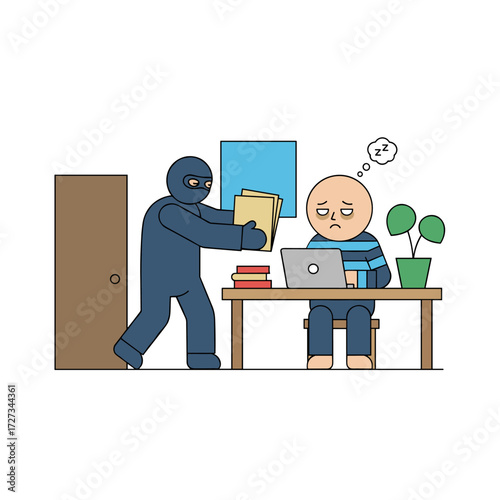 A masked thief commits a confidential data robbery in the office, stealing corporate documents while the businessman sleeps unaware of the crime