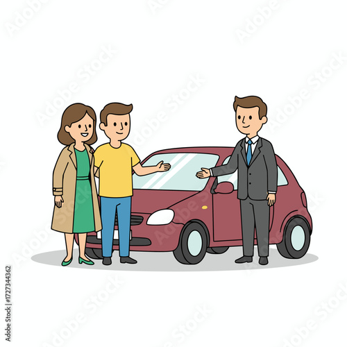 Illustration concept of a car dealer explaining the sales contract to a couple buying a car