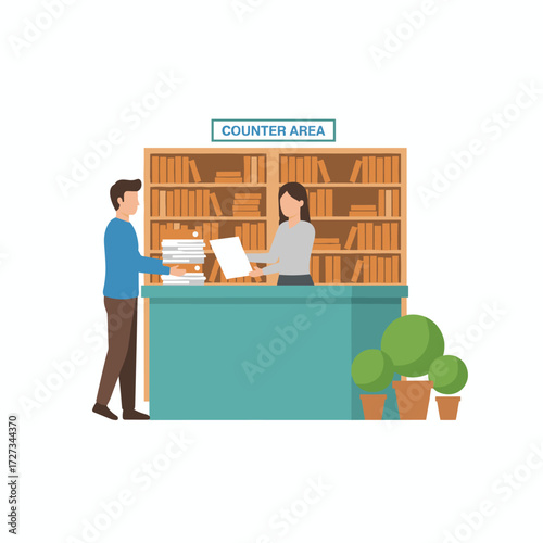 Customer service personnel at the office counter area accept credit cards