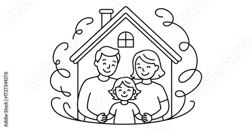 happy family standing in front of house line art illustration – concept of home, unity, love, parenting, security, and togetherness