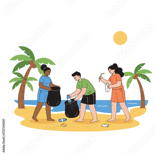 Illustration concept on a white background shows people cleaning up trash on the beach