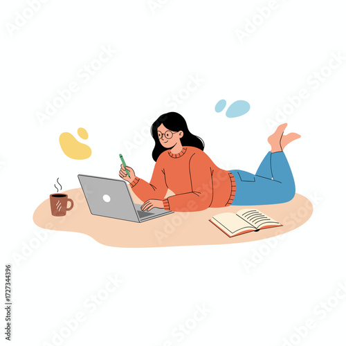 She is using a laptop to learn online, and the flat vector illustration on a white background can be used for web banners, mobile apps, and hero images
