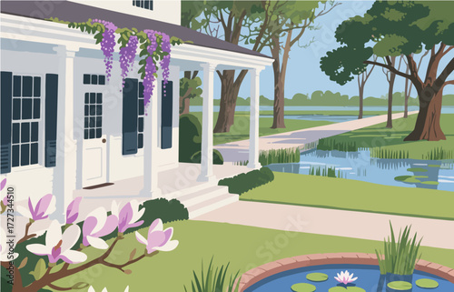 American style rural residential architecture and scenery, vector graphics