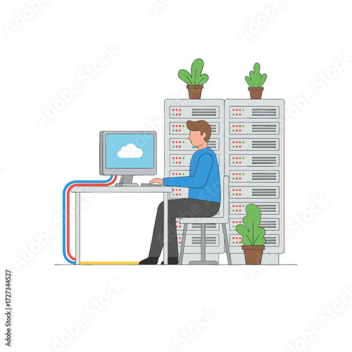 Illustration of a web hosting theme with personality, suitable for banners, infographics, and hero images, presented as a flat vector on a white background