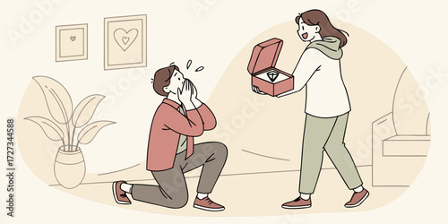 Young woman proposing to her boyfriend with ring in box indoors